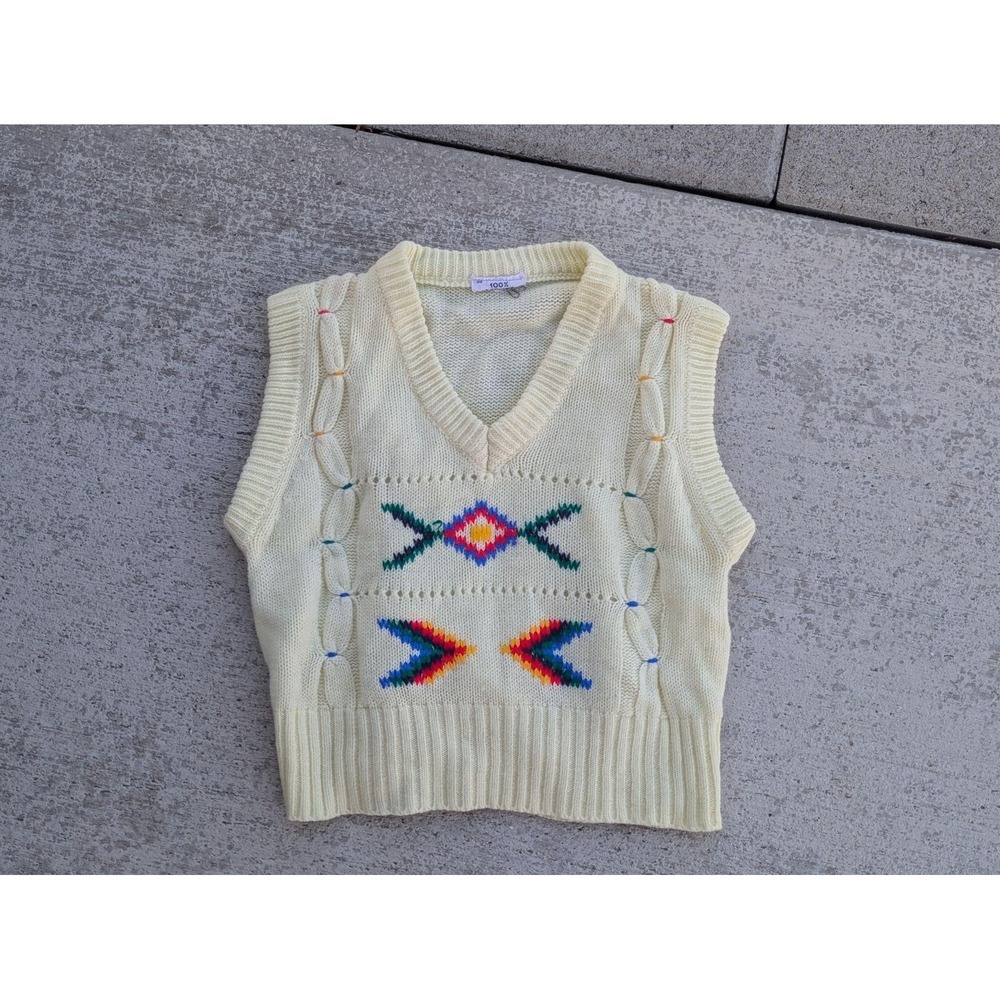 VTG Sweater Vest Kids Size 6 White Knit Rainbow Geometric Embroidered V Neck 70s